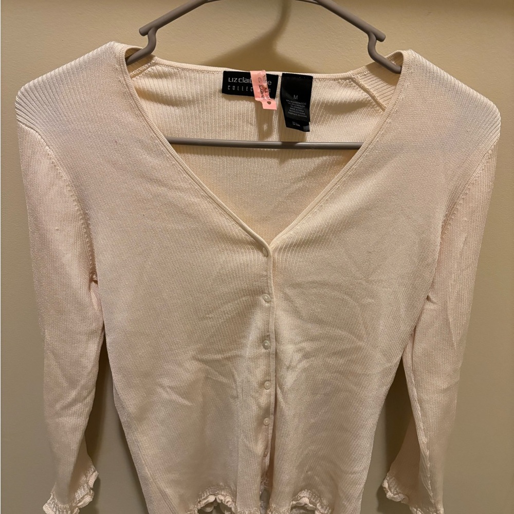Liz Claiborne Cardigan Sweater Size M With Ruffles Ivory Women’s